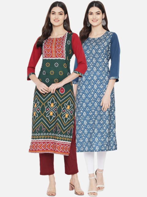 

Ethnic basket Women Pack Of 2 Green & Blue Ethnic Motifs Printed Crepe Kurta