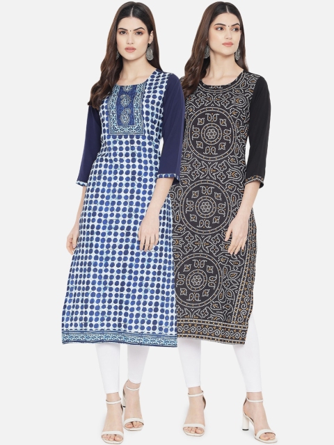 

Ethnic basket Pack of 2 Women Navy Blue & Black Ethnic Motifs Printed Crepe Kurtas