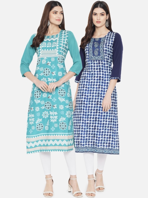 

Ethnic basket Women Pack of 2 Green & Blue Floral Crepe Straight Kurta
