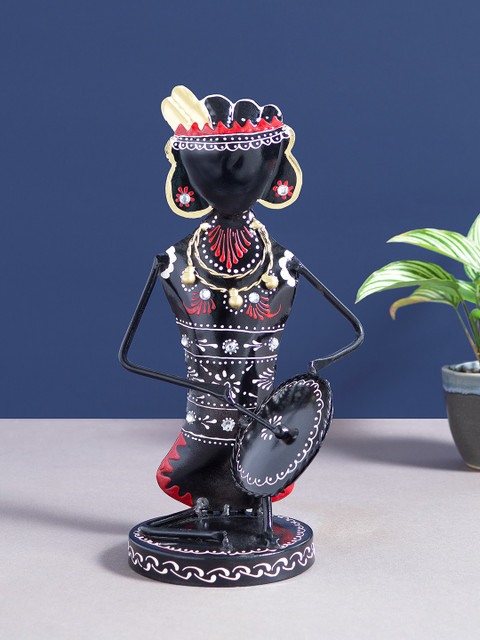 

Golden Peacock Black Tribal Tambourine Musician Handcrafted Showpiece