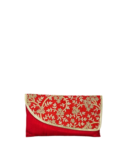 

LELYS Red & Gold-Toned Embroidered Raw Silk Envelope Clutch