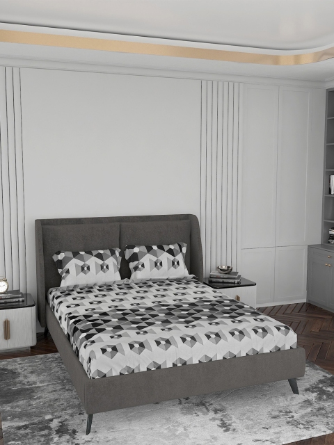 

LABHAM Grey & Black Geometric 144 TC King Cotton Bedsheet with 2 Pillow Covers