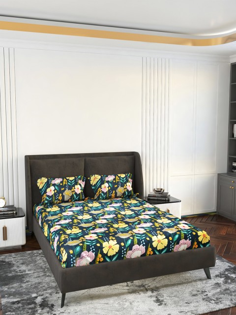 

LABHAM Green & Yellow Floral 140 TC Pure Cotton King Bedsheet with 2 Pillow Covers