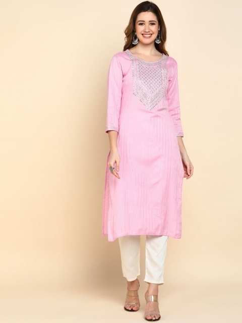 

VEDANA Women Pink Geometric Yoke Design Flared Sleeves Thread Work Pastels Kurta