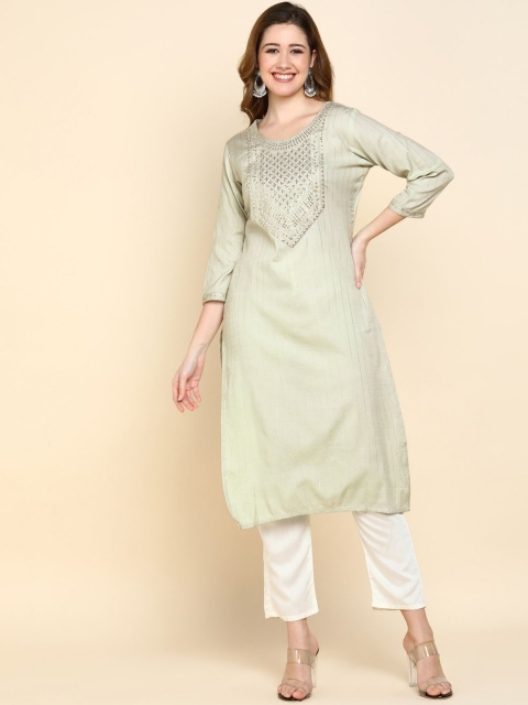 

VEDANA Women Green Geometric Yoke Design Flared Sleeves Thread Work Pastels Kurta