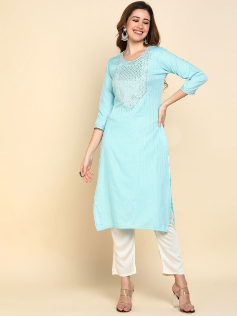 

VEDANA Women Blue Geometric Yoke Design Keyhole Neck Flared Sleeves Thread Work Pastels Kurta