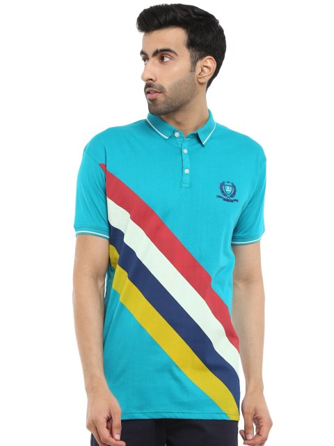 

V-Mart Men Blue Striped Polo Collar Applique T-shirt