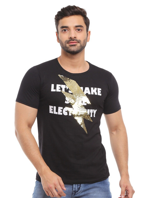 

V-Mart Men Black Printed Applique Slim Fit T-shirt