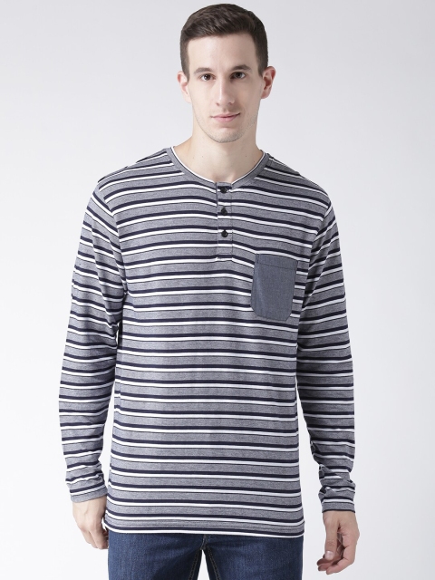 

Club York Men Blue & Grey Melange Striped Henley Neck Regular Fit Cotton T-shirt