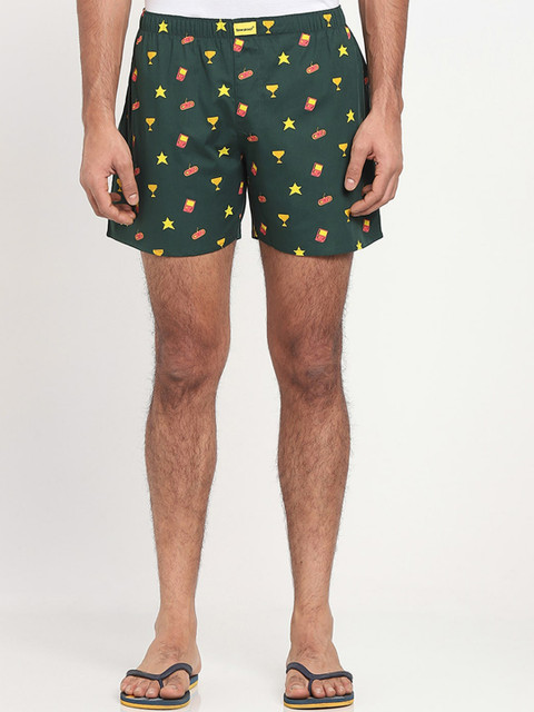 

Bewakoof Men Green & Yellow Printed Pure Cotton Boxers