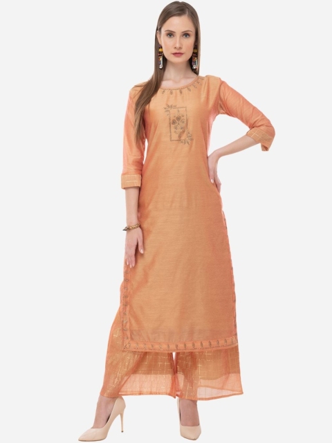 

DesiNoor com Women Orange Beads and Stones Chanderi Silk Kurta with Palazzos