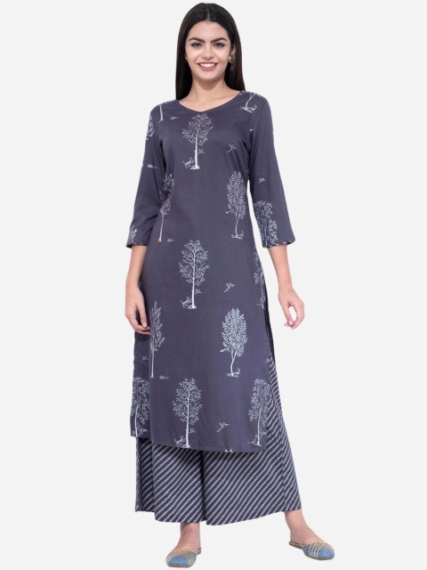 

DesiNoor com Women Grey Floral Printed Kurti with Palazzos