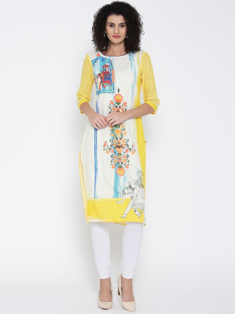 

AURELIA Women Yellow & White Printed Straight Kurta