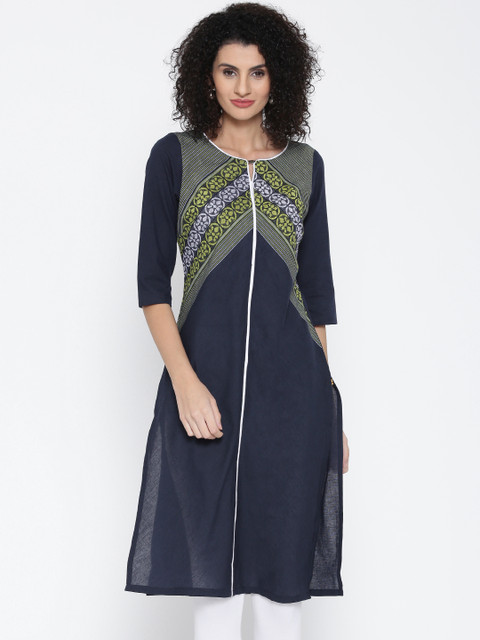 

AURELIA Women Navy Blue Woven Design Straight Kurta