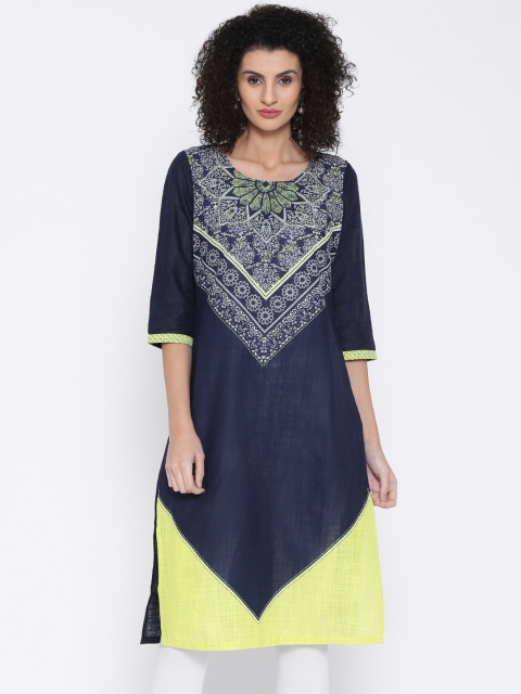 

AURELIA Women Navy Blue Printed Straight Kurta