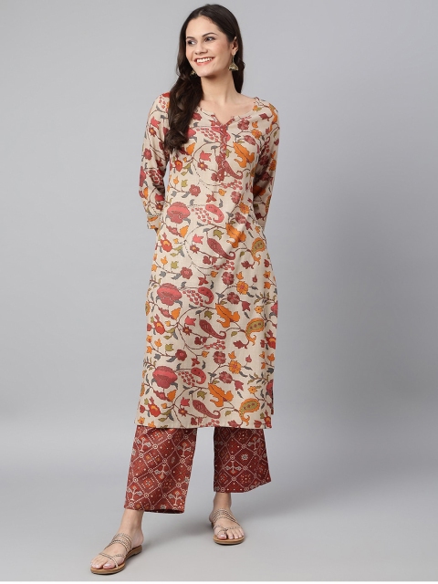 

Os Women Beige Floral Printed Panelled Thread Work Pure Cotton Kurti with Palazzos