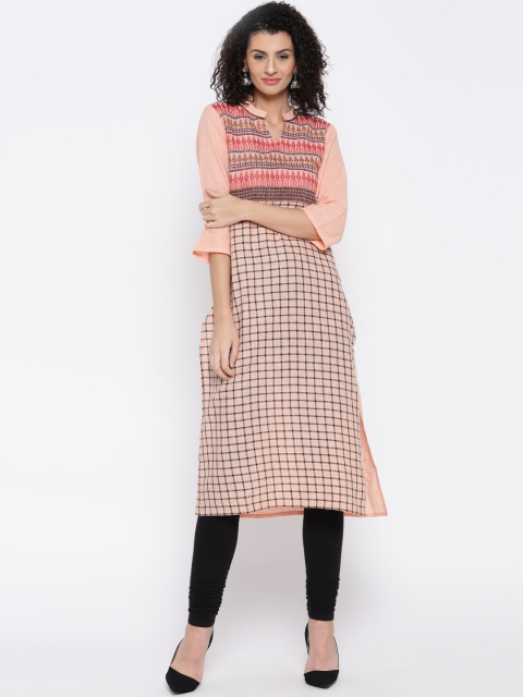 

AURELIA Women Peach-Coloured Checked Straight Kurta