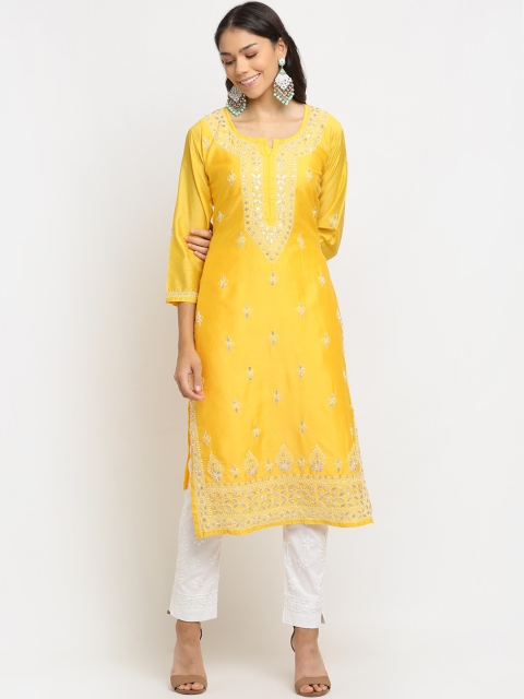 

Saksh Women Yellow Ethnic Motifs Embroidered Chikankari Kurta