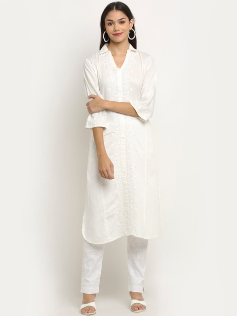 

Saksh Women Off White Floral Embroidered Chikankari Kurta