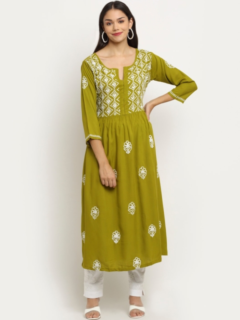 

Saksh Women Olive Green & White Ethnic Motifs Thread Work Kurta