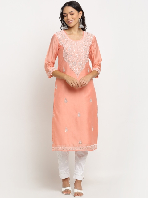 

Saksh Women Peach-Coloured Chanderi Cotton Ethnic Motifs Embroidered Chikankari Kurta