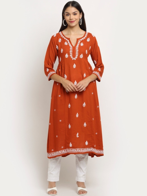 

Saksh Women Orange & White Ethnic Motifs Embroidered Kurta