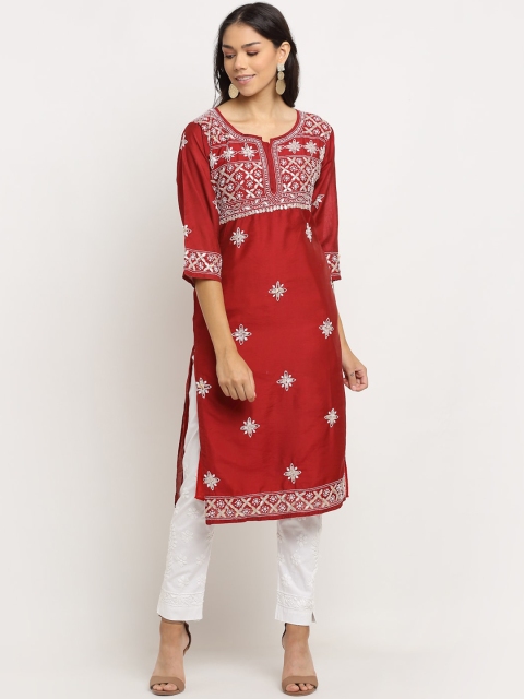 

Saksh Women Maroon & White Ethnic Motifs Yoke Design Thread Work Kurta