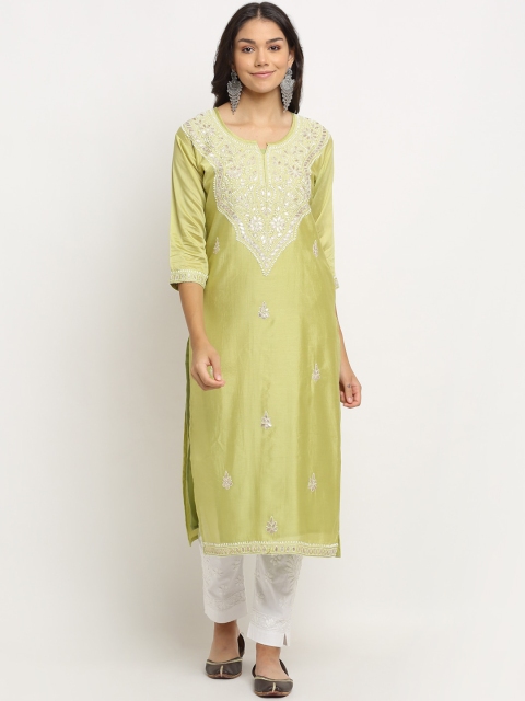 

Saksh Women Green Floral Embroidered Chikankari Kurta