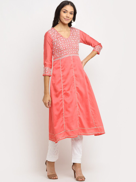 

Saksh Women Pink Floral Yoke Design Anarkali Chanderi Cotton Kurta