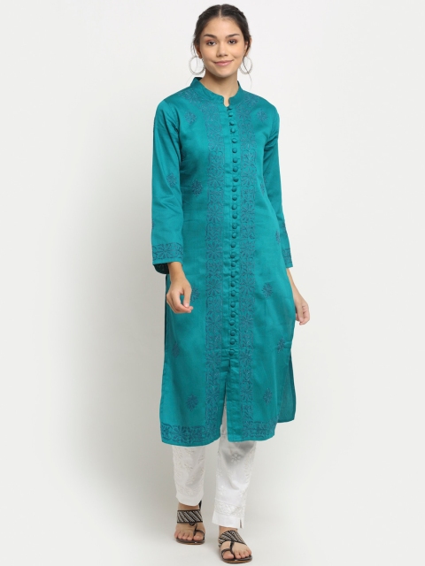 

Saksh Women Teal Green Ethnic Motifs Embroidered Straight Kurta