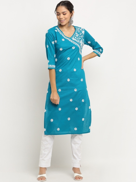 

Saksh Women Teal & White Ethnic Motifs Embroidered Thread Work Kurta