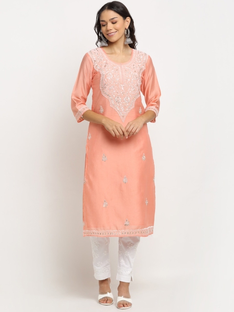 

Saksh Women Pink Embroidered Chikankari Chanderi Cotton Kurta