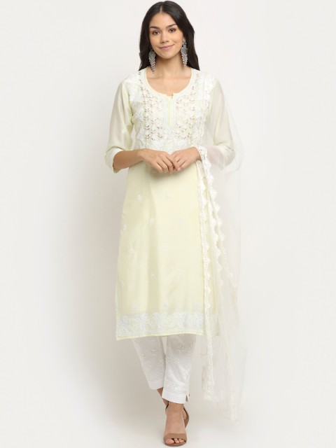 

Saksh Women Cream Floral Embroidered Chikankari Chanderi Cotton Kurta