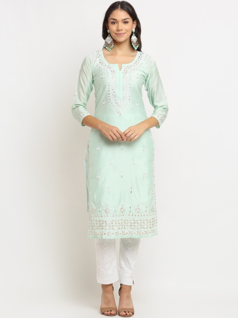 

Saksh Women Sea Green Chanderi Cotton Ethnic Motifs Embroidered Kurta