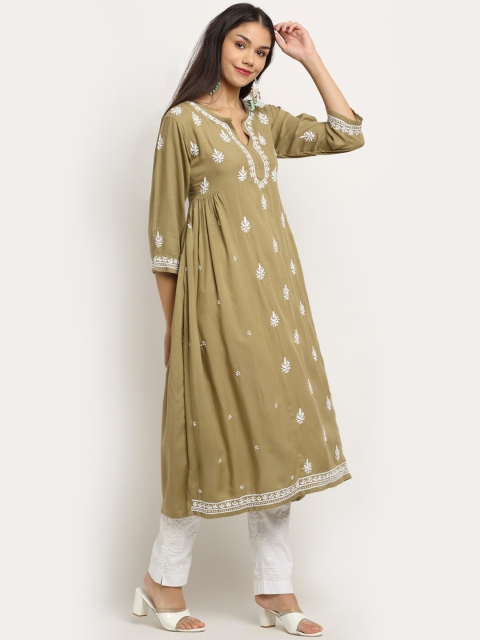 

Saksh Women Brown & White Ethnic Moifs Embroidered A-line Kurta