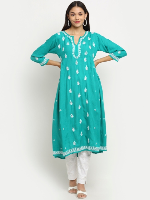 

Saksh Women Turquoise Blue & White Ethnic Motifs Embroidered Chikankari Kurta
