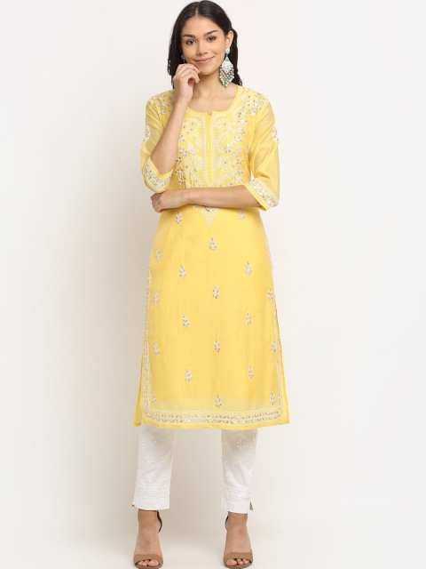 

Saksh Women Yellow & White Ethnic Motifs Chikankari Chanderi Cotton Straight Kurta