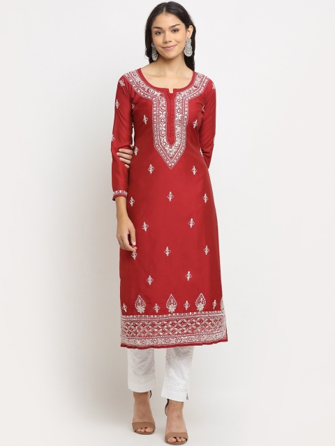 

Saksh Women Maroon Ethnic Motifs Embroidered Chanderi Cotton Kurta