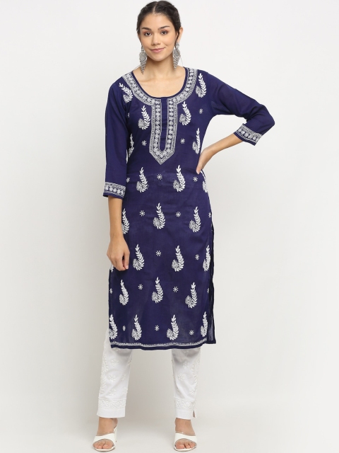 

Saksh Women Blue & White Ethnic Motifs Embroidered Chikankari Cotton Kurta