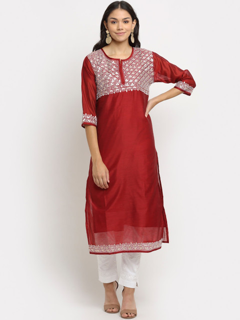 

Saksh Women Maroon Geometric Yoke Design Keyhole Neck Gotta Patti Kurta