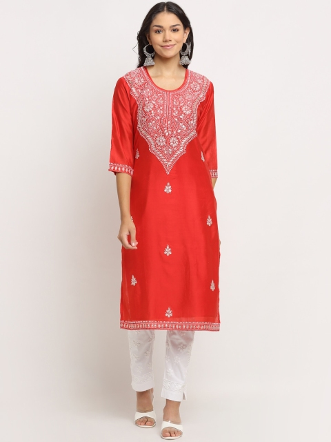 

Saksh Women Red Ethnic Motifs Embroidered Chanderi Cotton Kurta