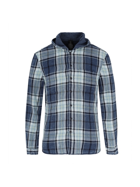

JOHN VARVATOS Men Blue Checked Hooded Casual Shirt