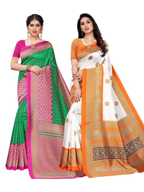 

KALINI Green & White Pack Of 2 Ethnic Motifs Printed Art Silk Saree