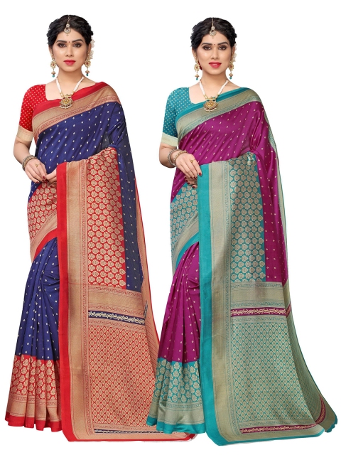 

KALINI Pack Of 2 Navy Blue & Purple Ethnic Motifs Printed Art Silk Saree