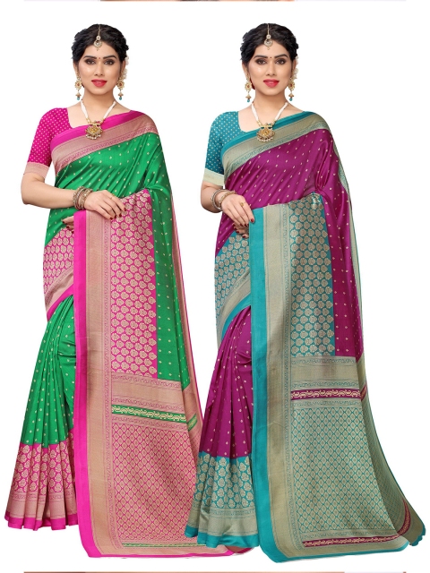 

KALINI Pack of 2 Green & Purple Ethnic Motifs Printed Art Silk Sarees