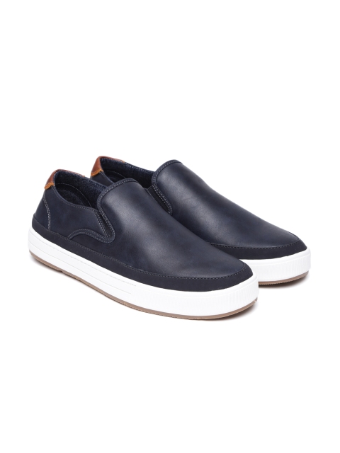 

ALDO Men Navy Solid Leather Slip-On Sneakers, Navy blue