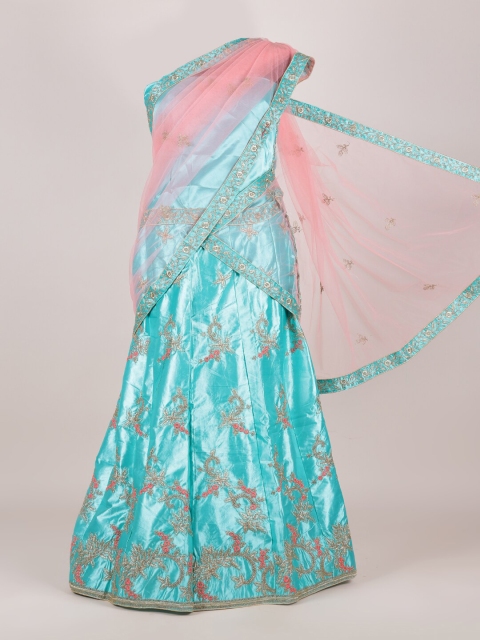 

Pothys Pink & Blue Embroidered Unstitched Lehenga & Blouse With Dupatta