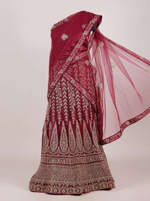 

Pothys Magenta & Gold-Toned Floral Net Half and Half Saree