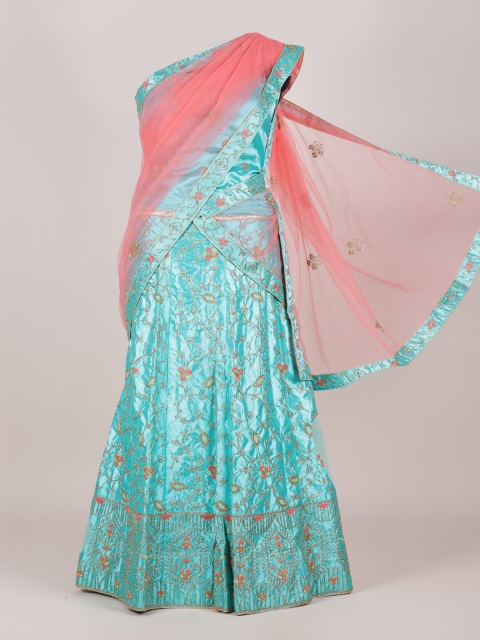 

Pothys Pink & Green Floral Embroidered Net Half and Half Saree