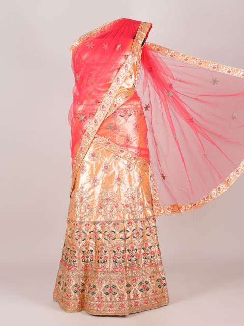 

Pothys Pink & Peach Ethnic Motifs Embroidered Satin Half and Half Saree